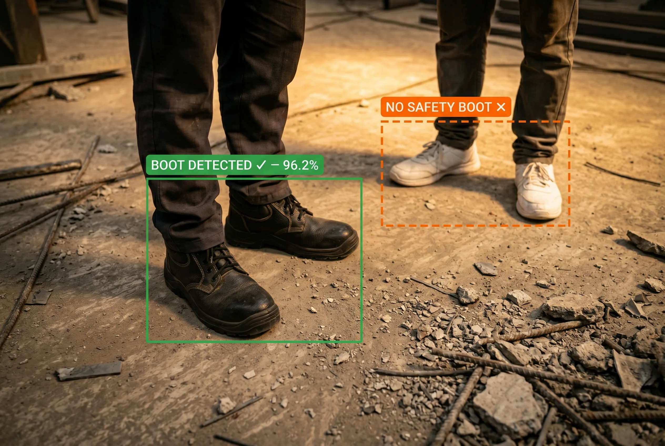 AI detecting safety boots and protective footwear on a worker